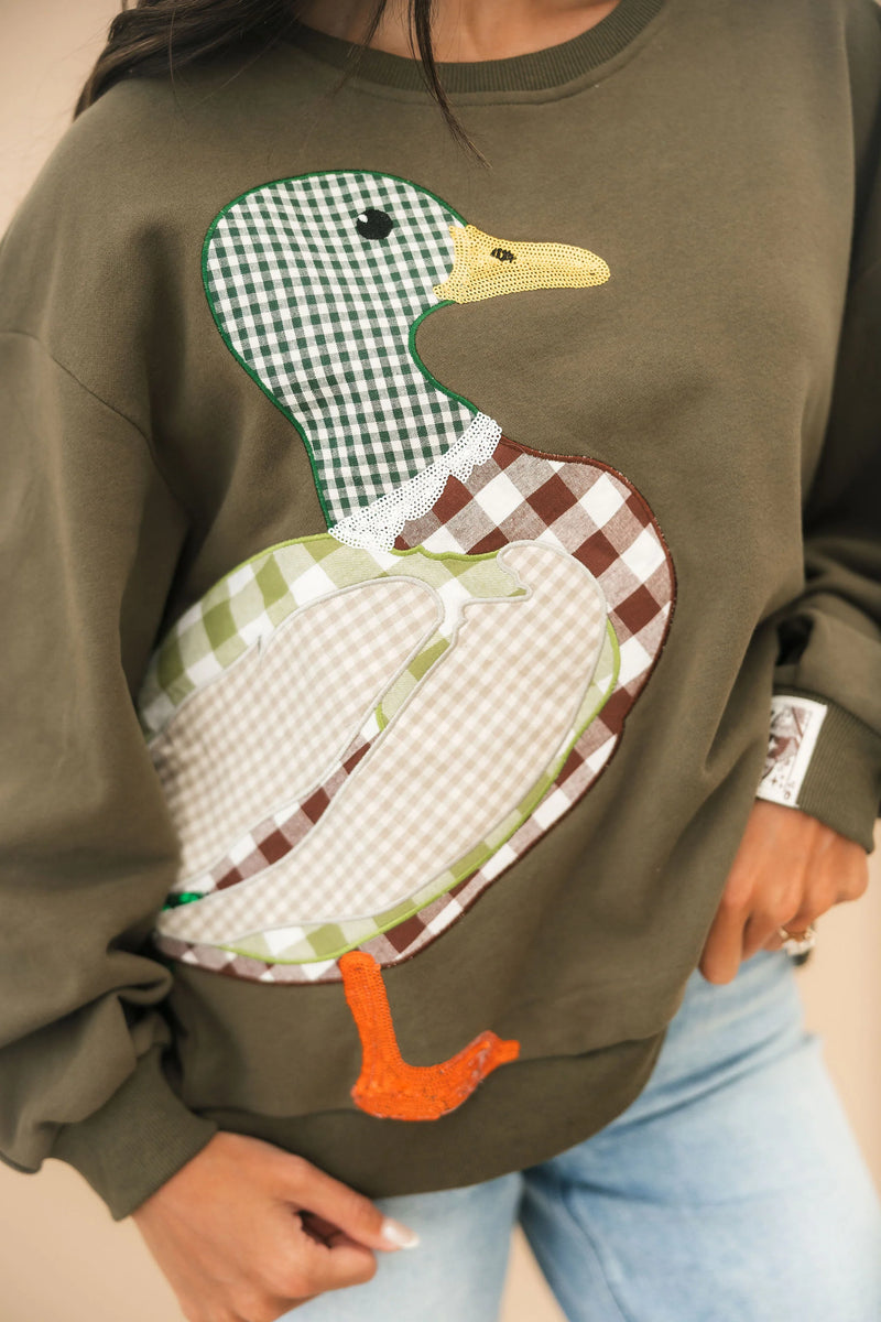 Queen of Sparkles Hunter Green Plaid Duck Sweatshirt
