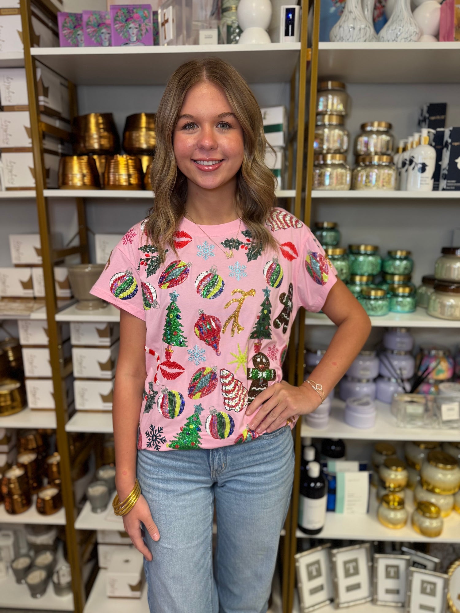 Queen of Sparkles Light Pink Christmas Icons Tee