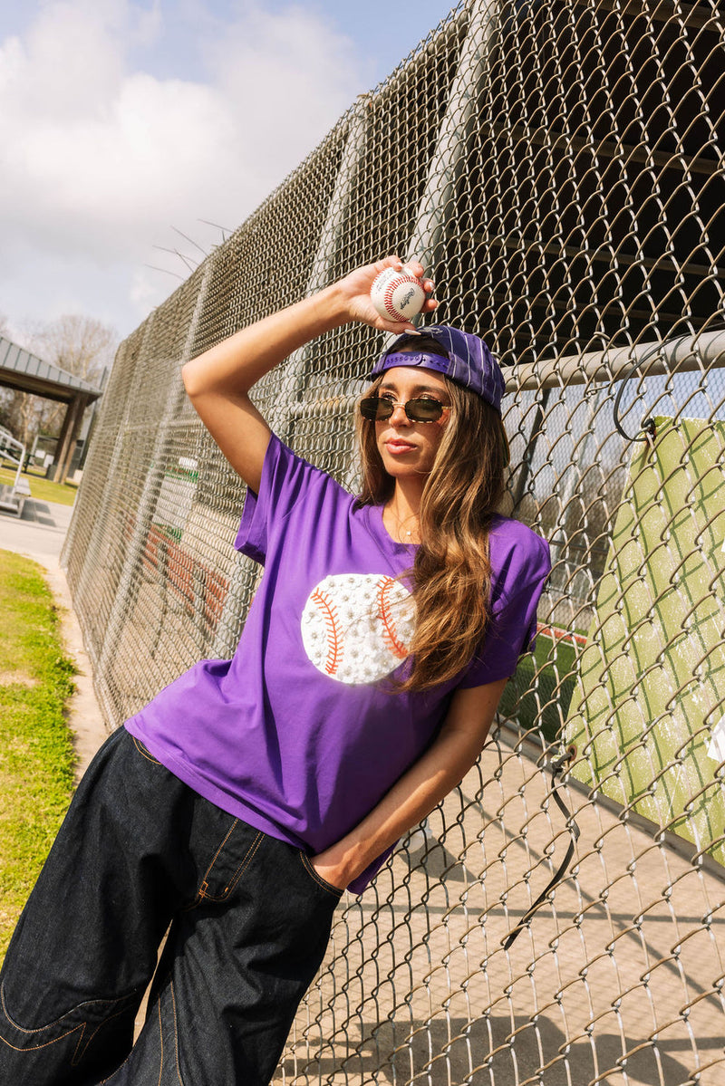 Queen of Sparkles Flower Baseball Tee Purple