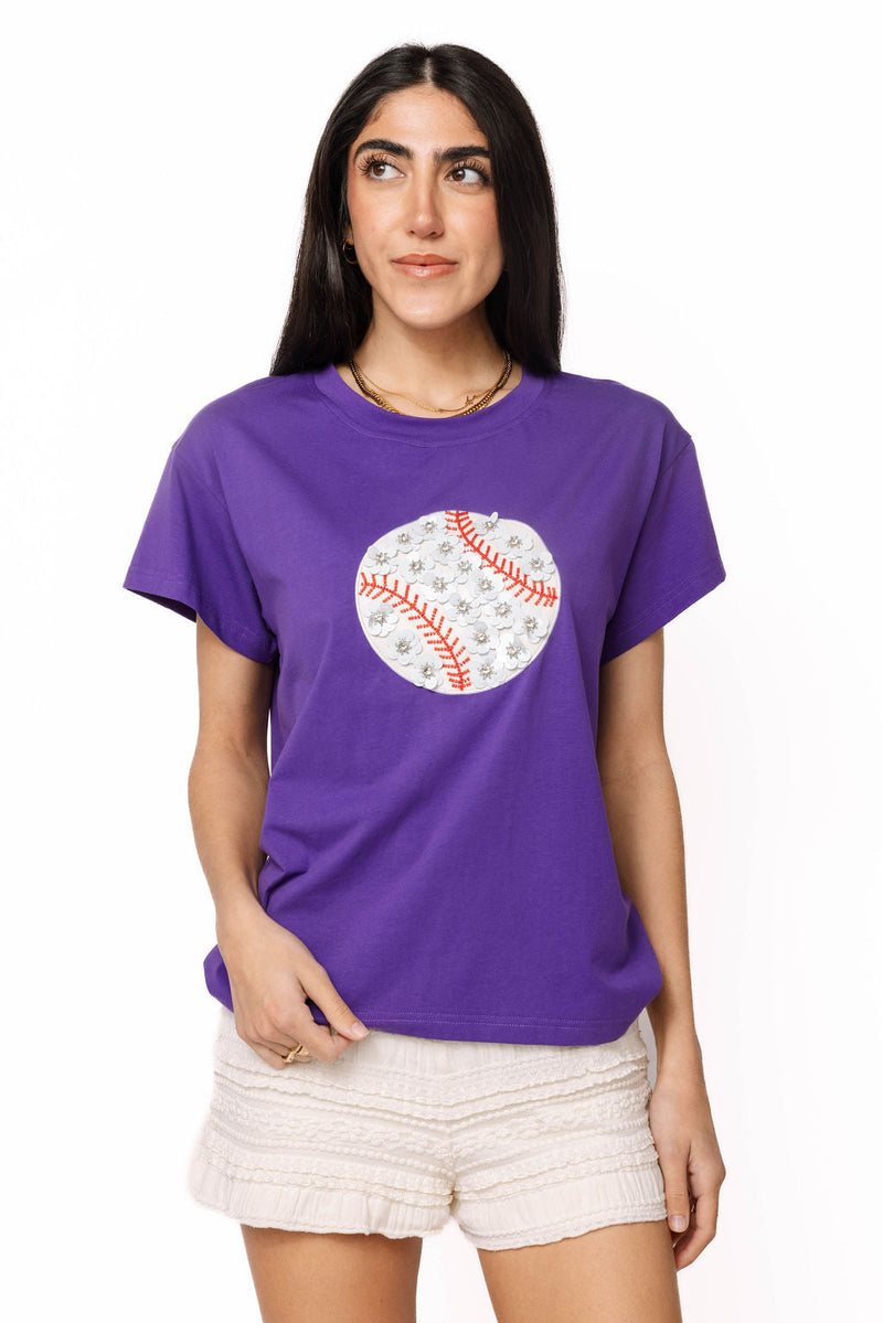 Queen of Sparkles Flower Baseball Tee Purple