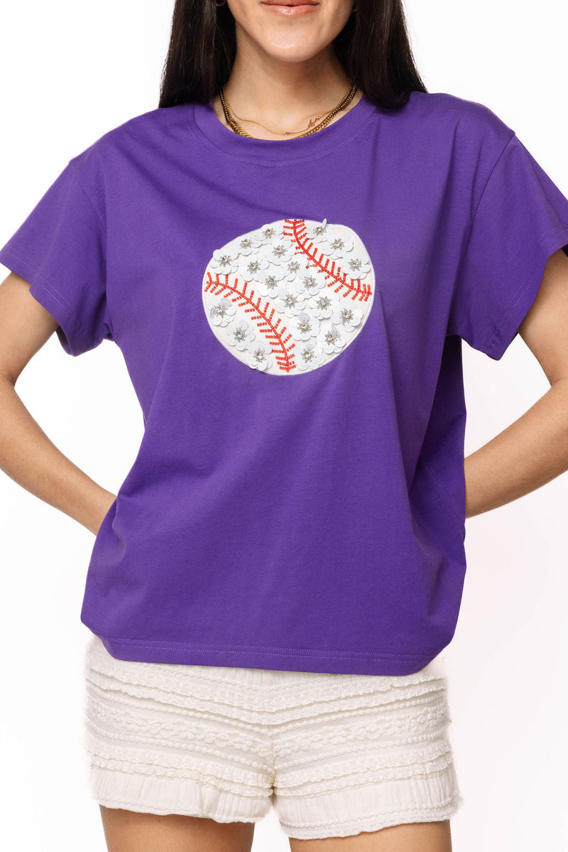 Queen of Sparkles Flower Baseball Tee Purple