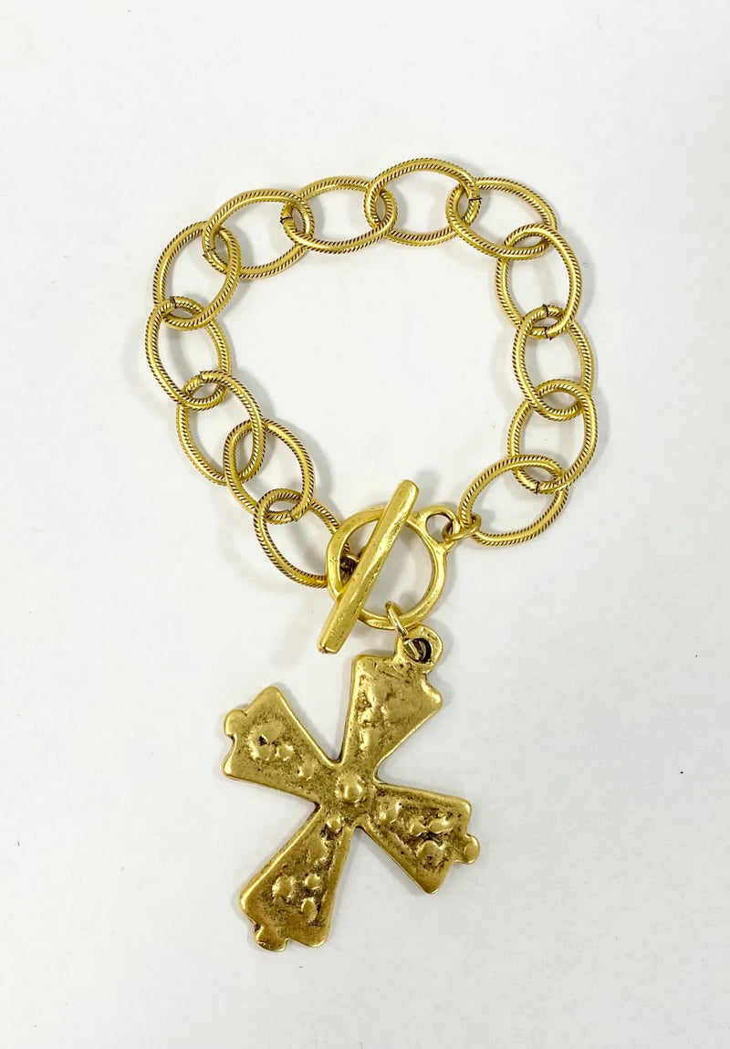 Coastal Grit Chunky Chain Bracelets - Antique Gold Cross