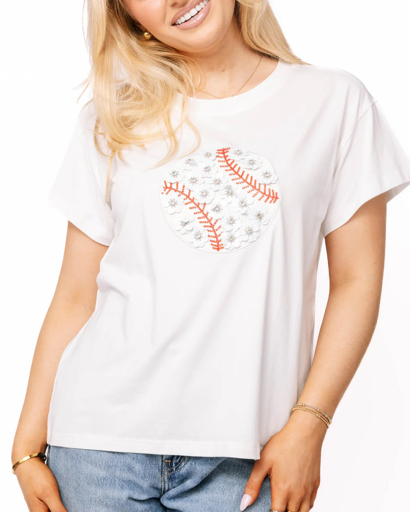 Queen of Sparkles Flower Baseball Tee White