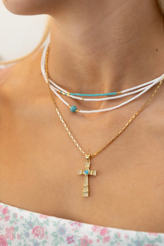 Coastal Grit Turquoise Heart Cross Necklace